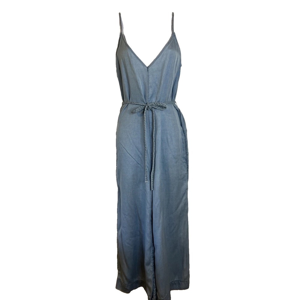 Joie light-wash chambray 100% Lyocell Wide Leg jumpsuit Braided Belt Size XS